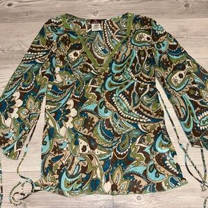 Vintage Y2K Jordache tie back Blue and Green Paisley Top